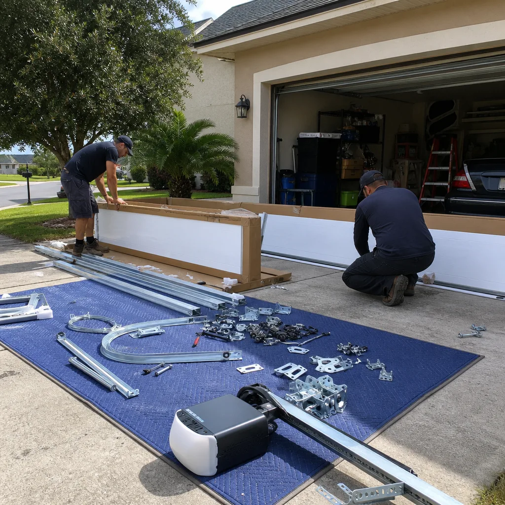 Two professional technicians performing a garage door installation on a driveway