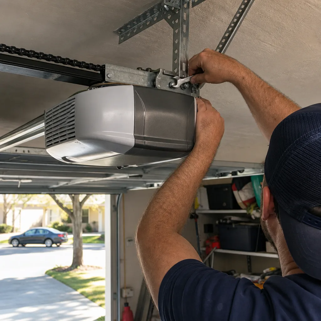 Technician performing professional garage door opener repair and installation