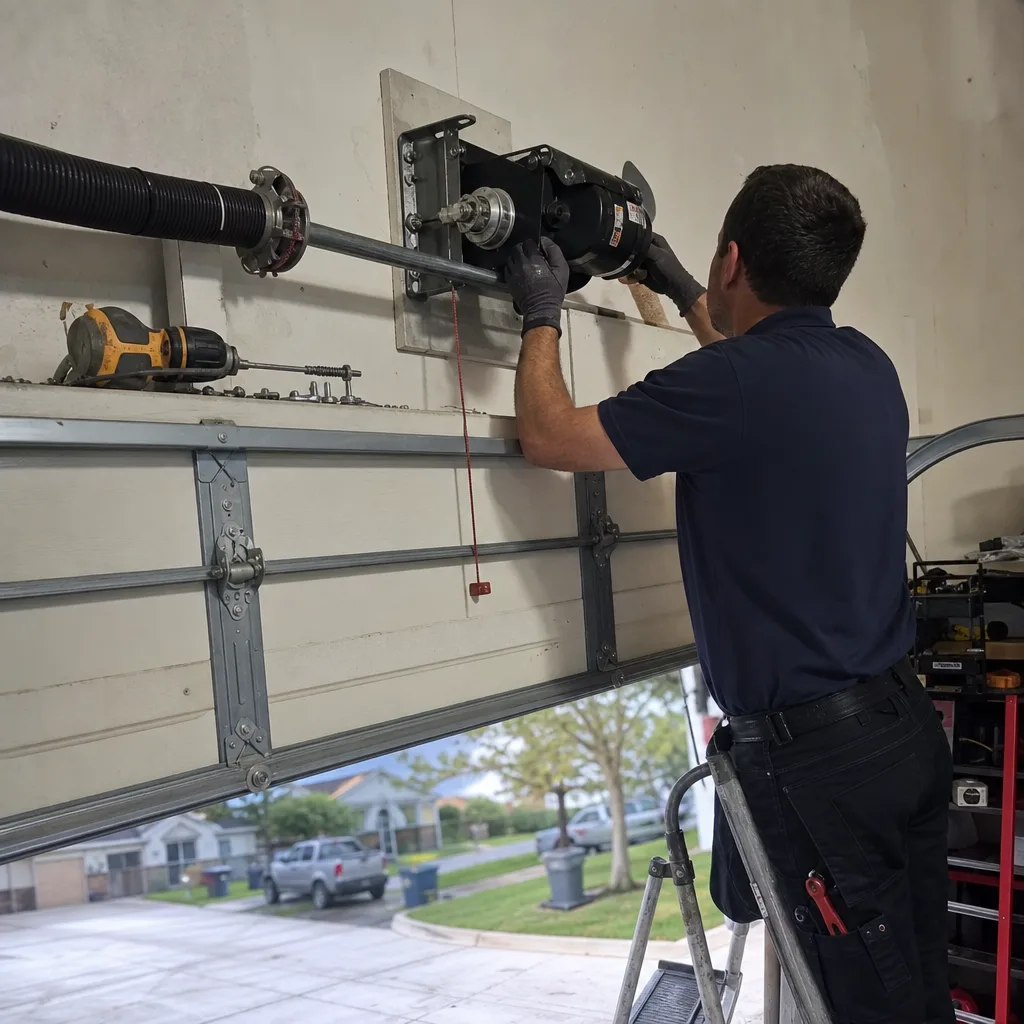 Technician performing professional garage door opener repair and installation