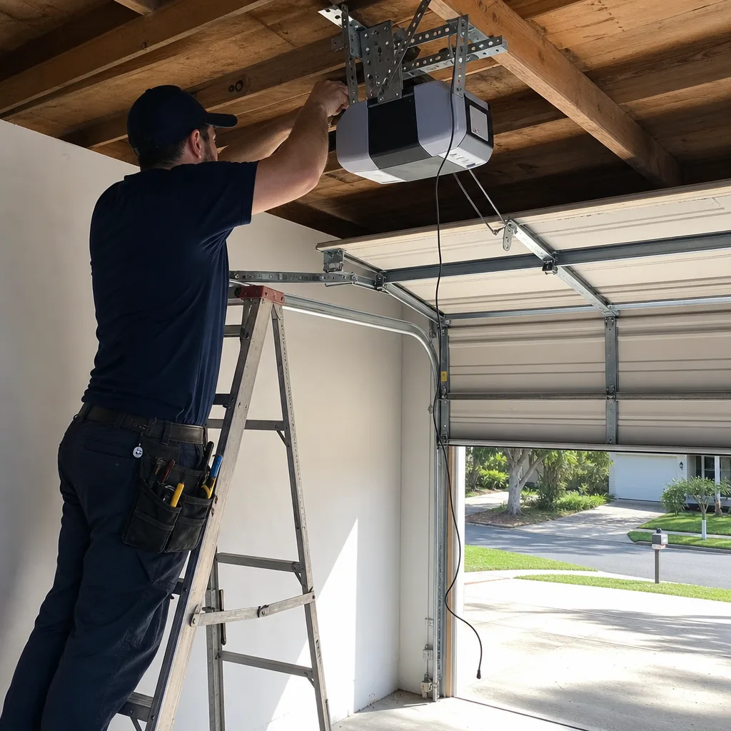 Technician performing professional garage door opener repair and installation