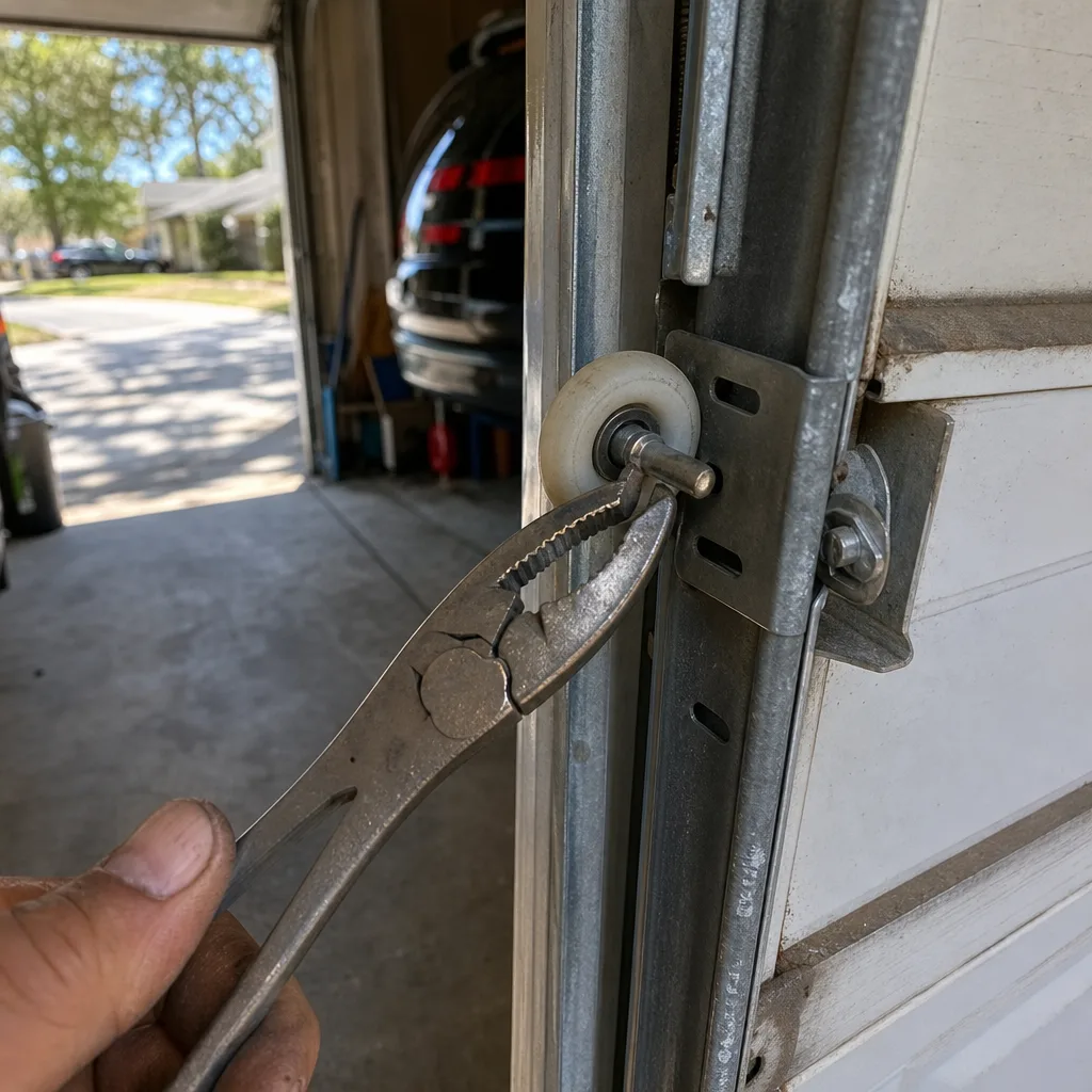Technician repairing a garage door roller in a metal track
