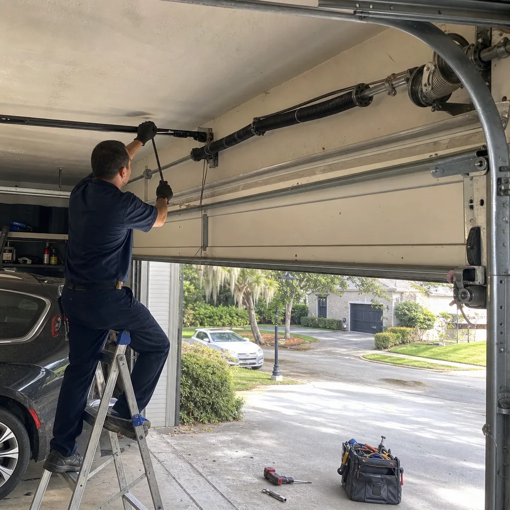 Technician performing professional garage door spring repair and maintenance